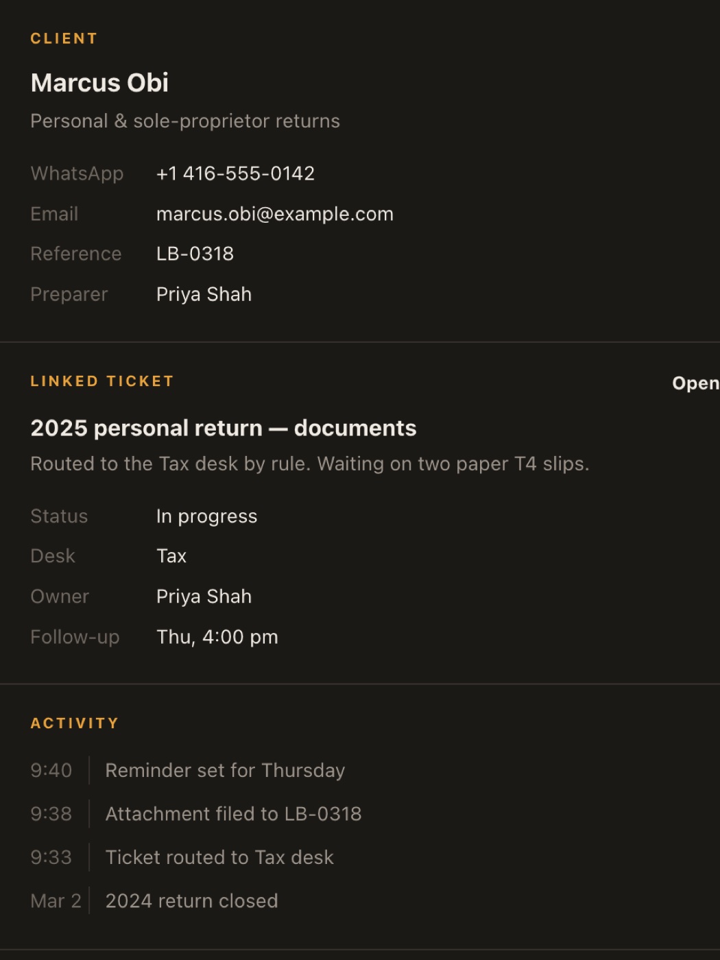 Client file showing contact details, linked ticket and activity (sample data)