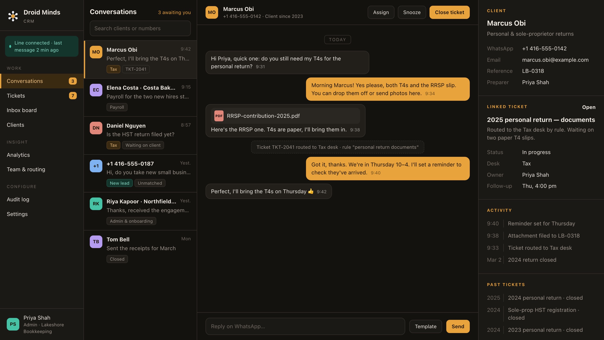 Droid Minds CRM conversation view with a client thread, ticket and activity (sample data)